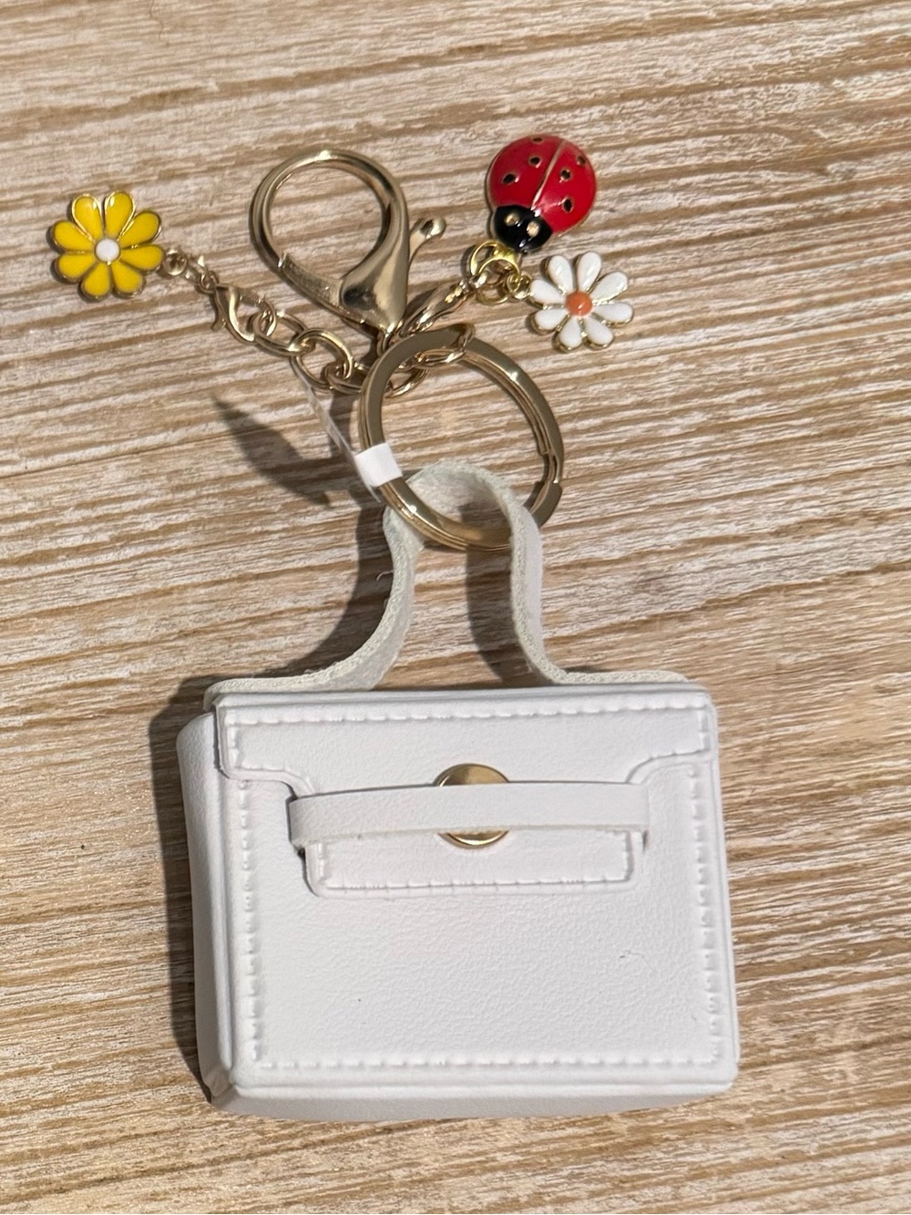 White Mini Bag Charm Keychain with Floral & Ladybug Charms